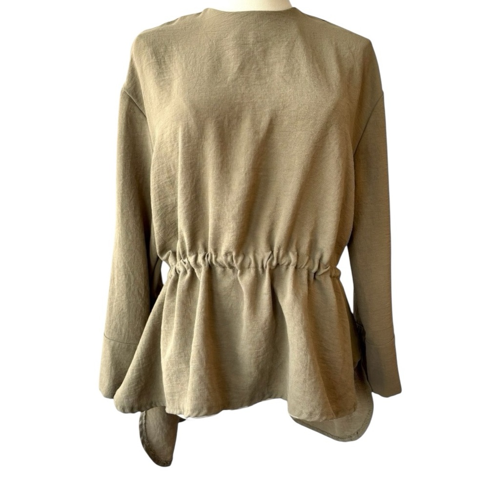 ORFEONEGRO Peplum Linen Green Blouse Shirt Cinched Waist Lightweight Top Women M